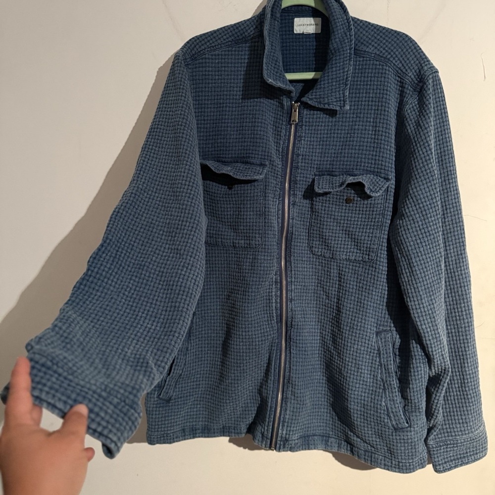Lucky Brand Womens XL Blue Waffle Knit Shacket Button Front Overshirt Pockets